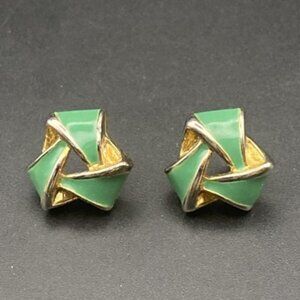 Vintage Kelly Green Enamel Knot Earrings Pierced Stud Gold Tone 1/2" Corpcore